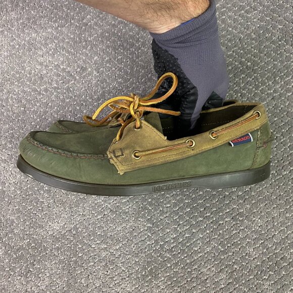 Filson Segago Docksides Shoes Mens 8 W Brown Green Boat Leather Canvas Tin Cloth - Picture 6 of 15